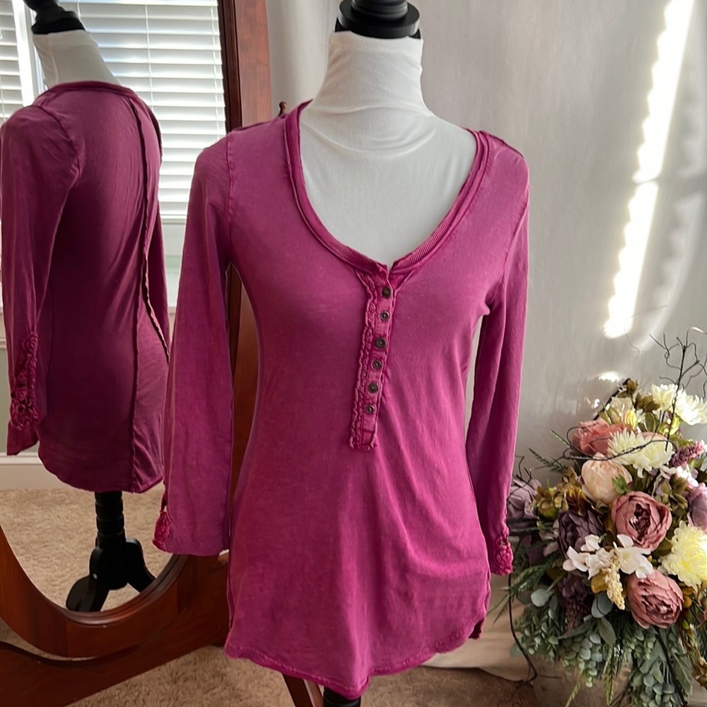 Free People Pink Long Sleeve Tunic with Crocheted Sleeve Cuff
